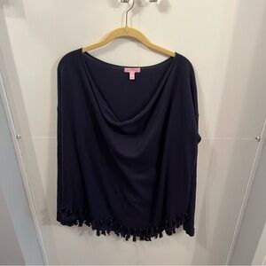 Lilly Pulitzer Sz XL Ferreira Sweater Navy w Tassels Cowl Neckline
